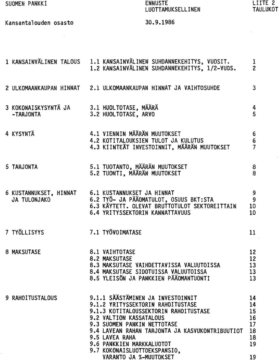 1.1 KANSAINVÄLINEN SUHDANNEKEHITYS, VUOSIT. 1.2 KANSAINVÄLINEN SUHDANNEKEHITYS, 1/2-VUOS. 2.1 ULKOMAANKAUPAN HINNAT JA VAIHTOSUHDE 3.1 HUOLTOTASE, MÄÄRÄ 3.2 HUOLTOTASE, ARVO 4.