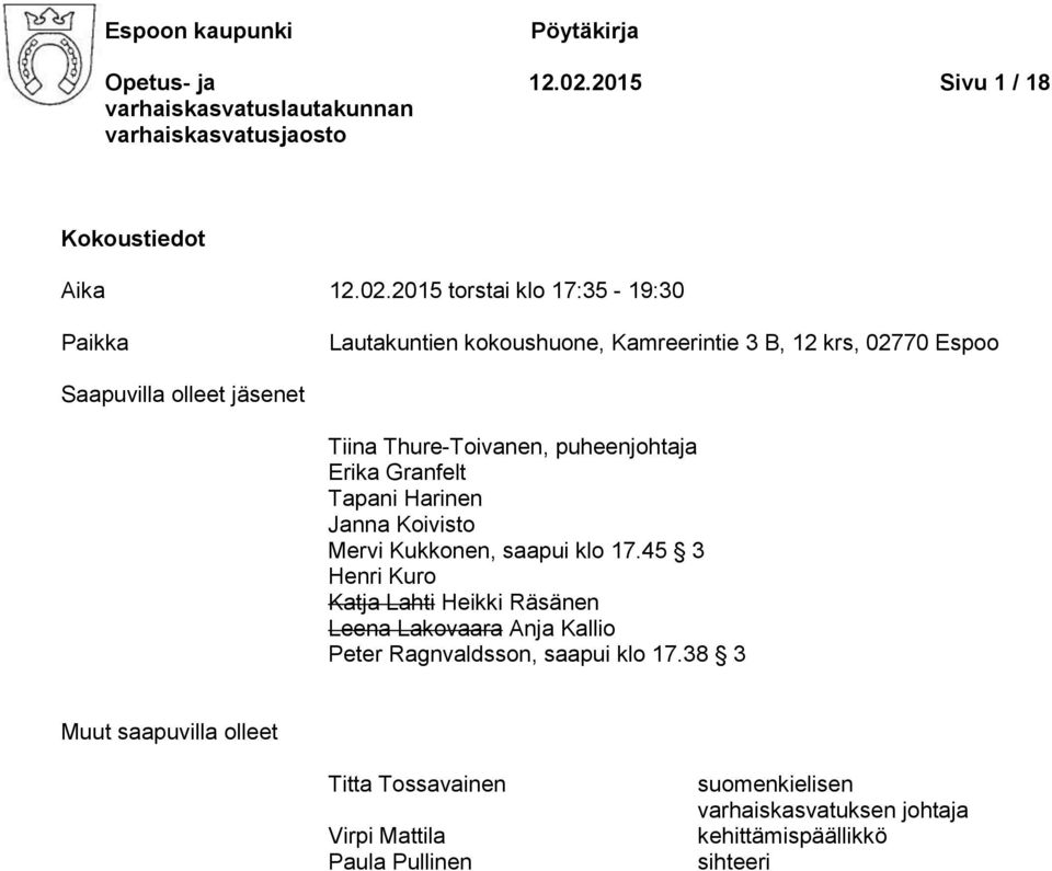 2015 torstai klo 17:35-19:30 Paikka Lautakuntien kokoushuone, Kamreerintie 3 B, 12 krs, 02770 Espoo Saapuvilla olleet jäsenet Tiina