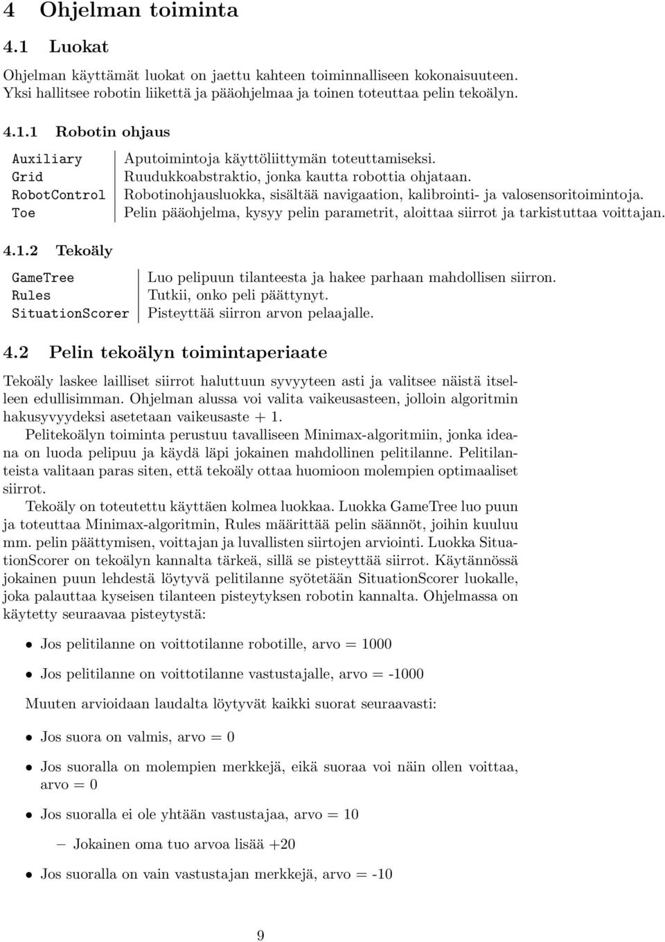 Pelin pääohjelma, kysyy pelin parametrit, aloittaa siirrot ja tarkistuttaa voittajan. 4.1.2 Tekoäly GameTree Rules SituationScorer Luo pelipuun tilanteesta ja hakee parhaan mahdollisen siirron.