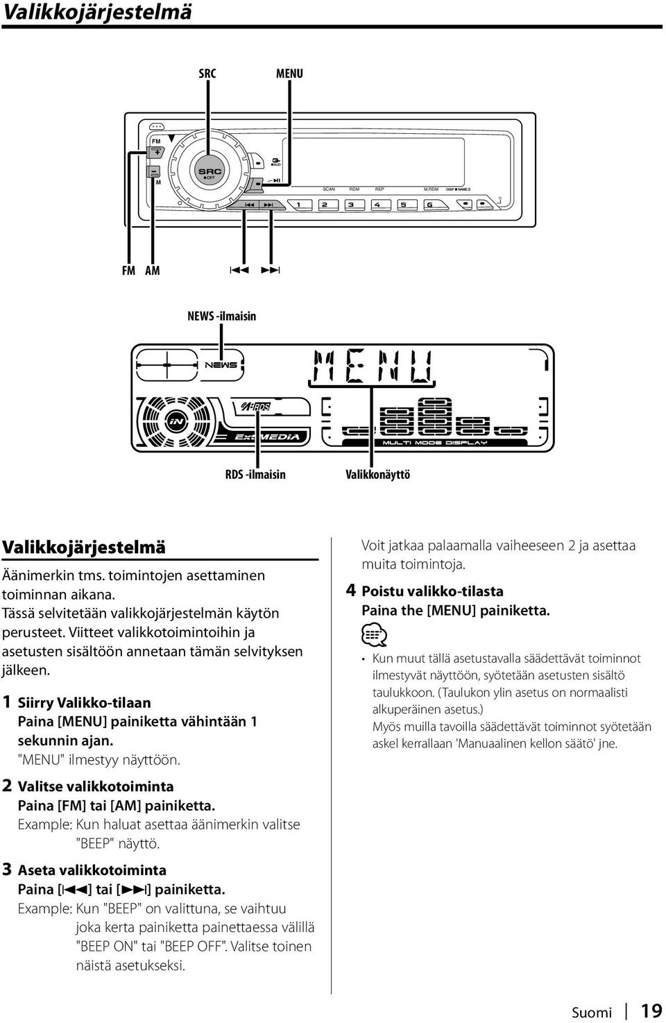 1 Siirry Valikko-tilaan Paina [MENU] painiketta vähintään 1 sekunnin ajan. "MENU" ilmestyy näyttöön. 2 Valitse valikkotoiminta Paina [FM] tai [AM] painiketta.