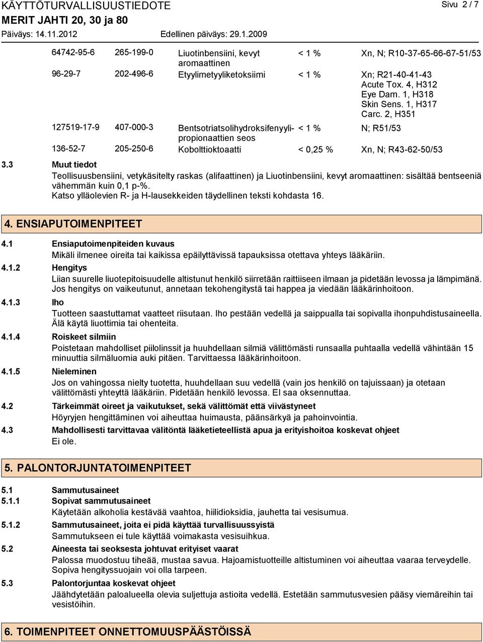 2, H351 127519-17-9 407-000-3 Bentsotriatsolihydroksifenyylipropionaattien < 1 % N; R51/53 seos 136-52-7 205-250-6 Kobolttioktoaatti < 0,25 % Xn, N; R43-62-50/53 3.