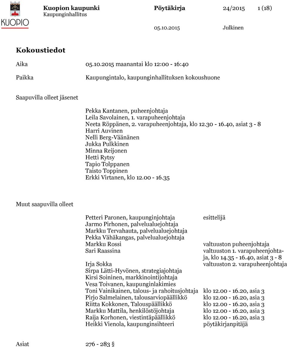 40, asiat 3-8 Harri Auvinen Nelli Berg-Väänänen Jukka Pulkkinen Minna Reijonen Hetti Rytsy Tapio Tolppanen Taisto Toppinen Erkki Virtanen, klo 12.00-16.