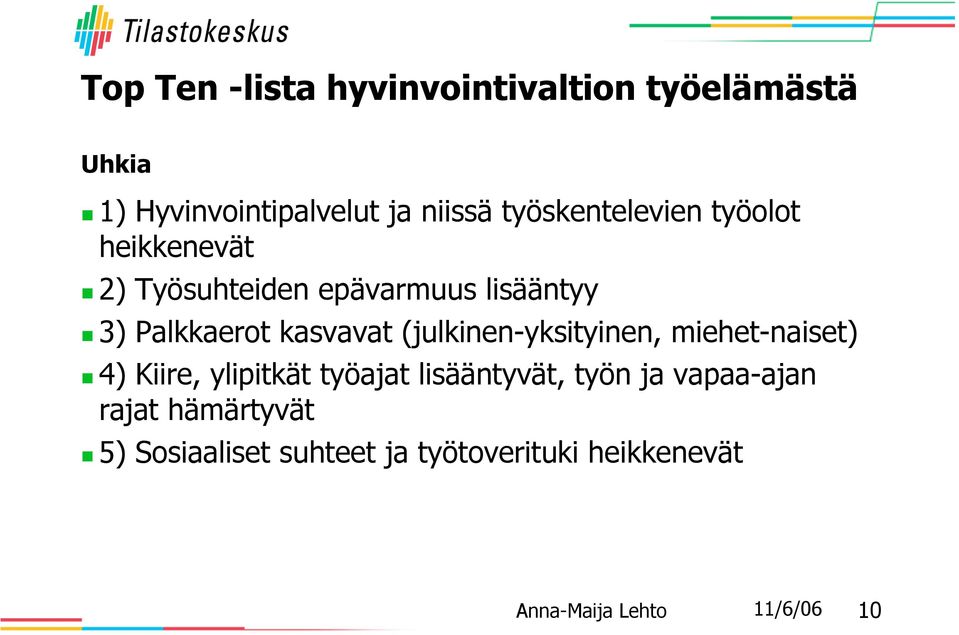 kasvavat (julkinen-yksityinen, miehet-naiset) 4) Kiire, ylipitkät työajat lisääntyvät,