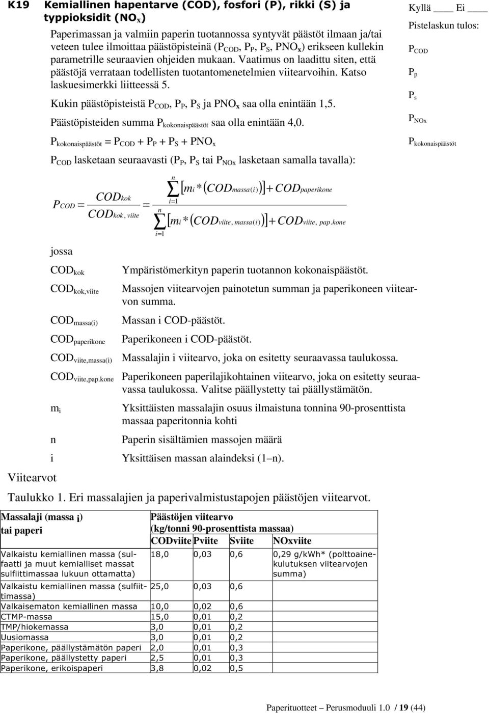 Kukin päästöpisteistä P COD, P P, P S ja PNO x saa olla enintään 1,5. Päästöpisteiden summa P kokonaispäästöt saa olla enintään 4,0.