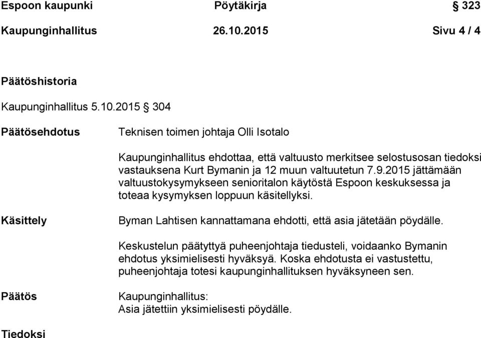 2015 304 Päätösehdotus Teknisen toimen johtaja Olli Isotalo Kaupunginhallitus ehdottaa, että valtuusto merkitsee selostusosan tiedoksi vastauksena Kurt Bymanin ja 12 muun