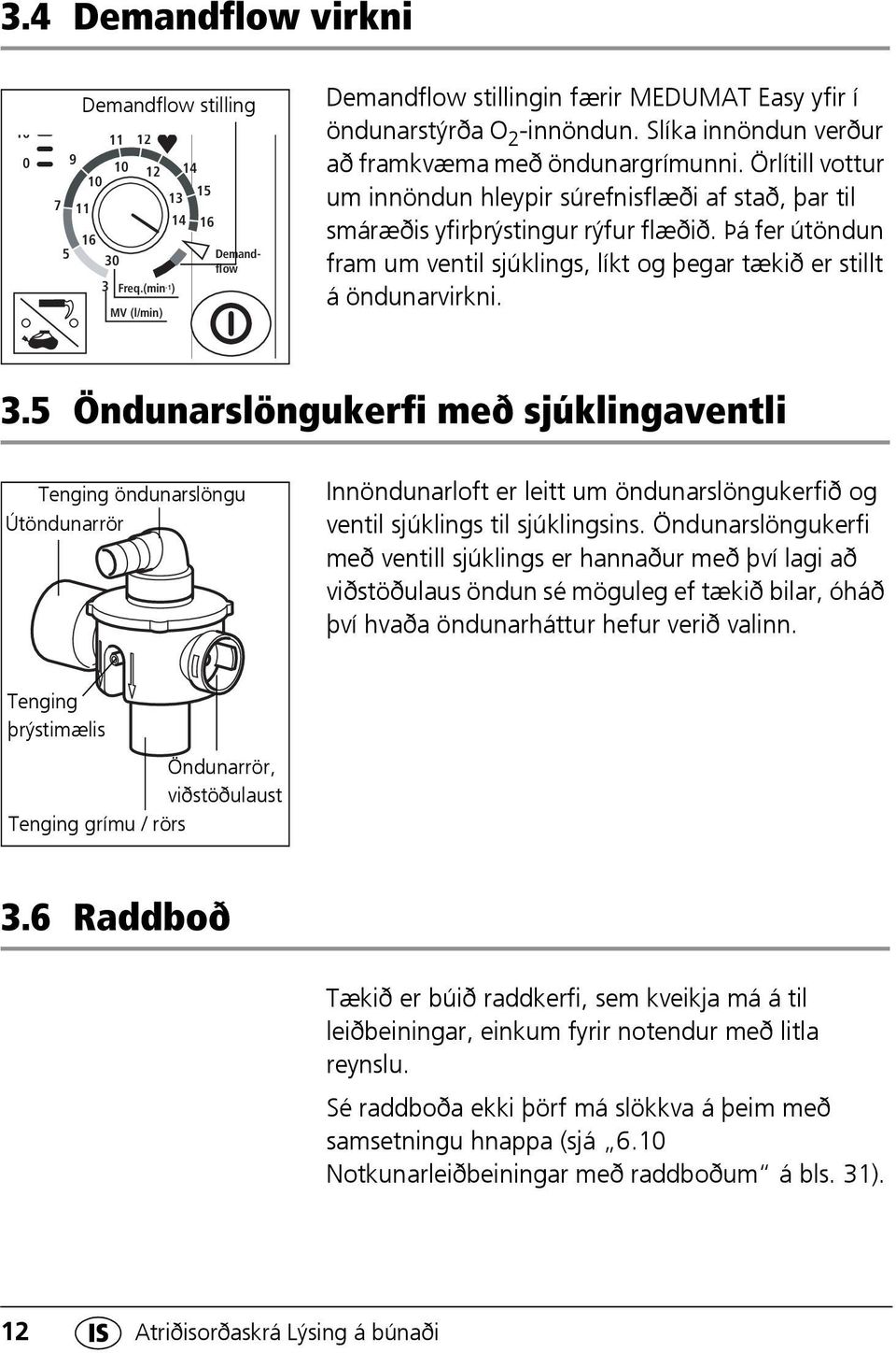 Örlítill vottur um innöndun hleypir súrefnisflæði af stað, þar til smáræðis yfirþrýstingur rýfur flæðið. Þá fer útöndun fram um ventil sjúklings, líkt og þegar tækið er stillt á öndunarvirkni. 3.