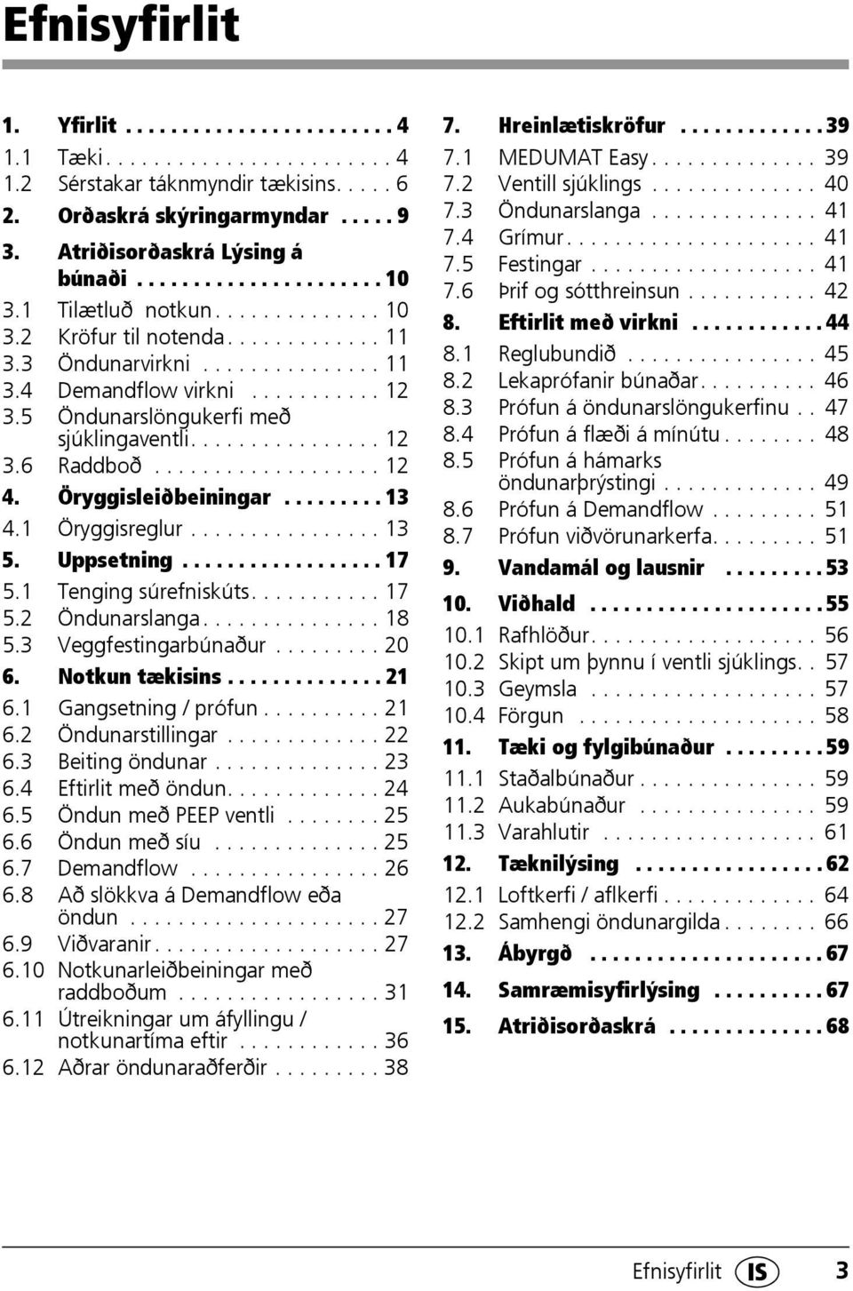 5 Öndunarslöngukerfi með sjúklingaventli................ 12 3.6 Raddboð................... 12 4. Öryggisleiðbeiningar......... 13 4.1 Öryggisreglur................ 13 5. Uppsetning.................. 17 5.