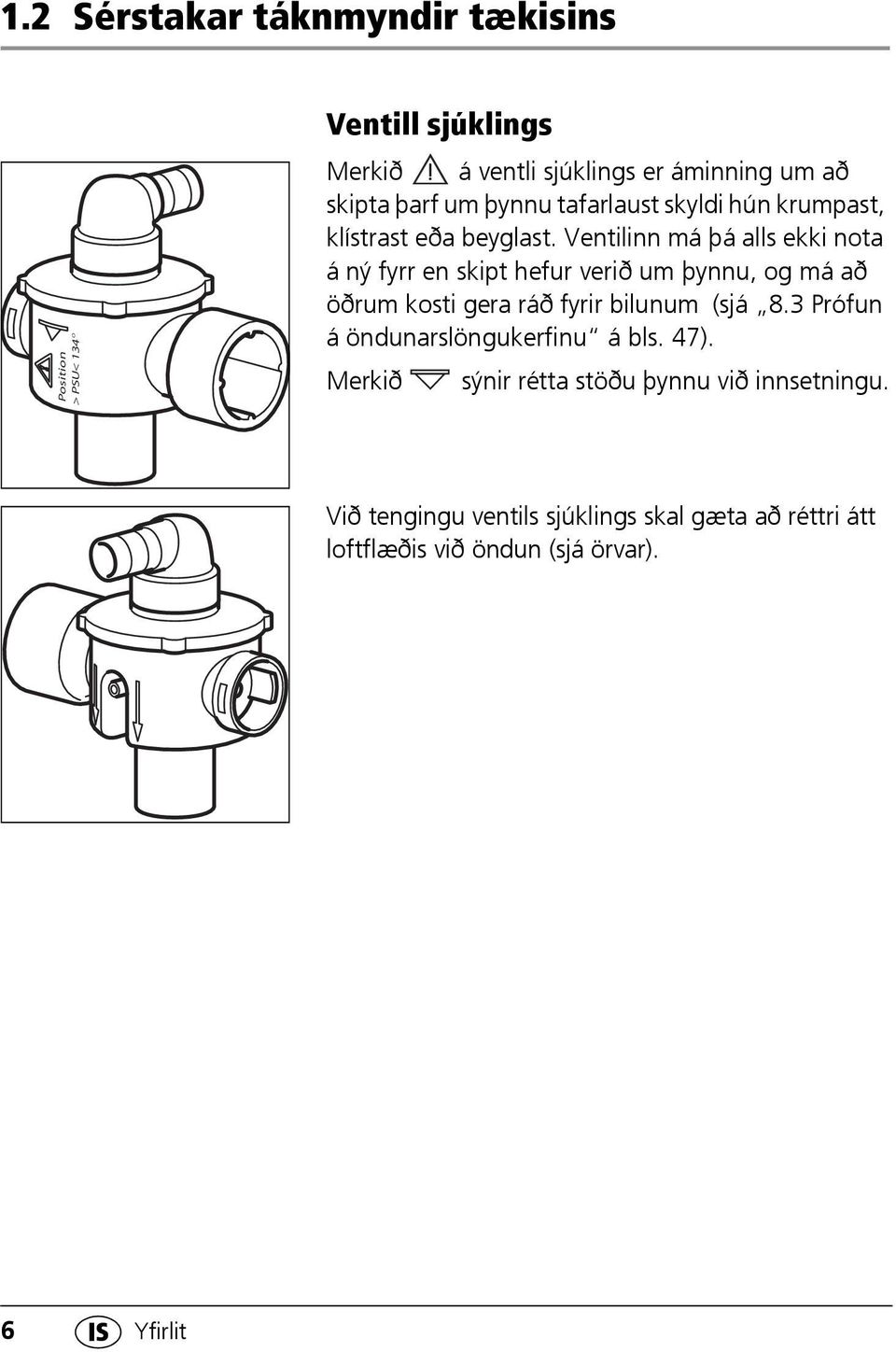 Ventilinn má þá alls ekki nota á ný fyrr en skipt hefur verið um þynnu, og má að öðrum kosti gera ráð fyrir bilunum (sjá 8.