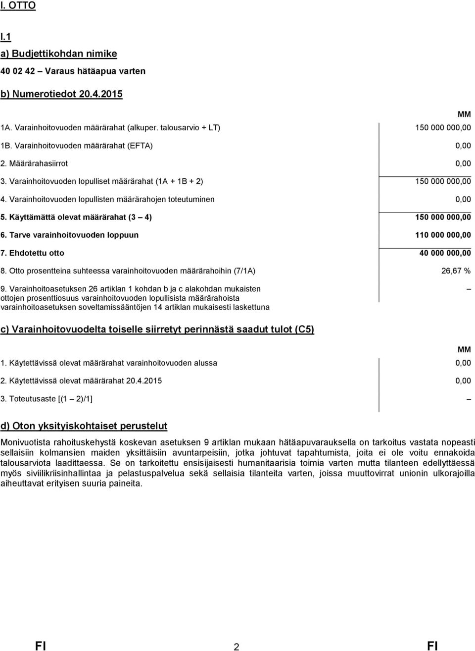 Tarve varainhoitovuoden loppuun 7. Ehdotettu otto 8. Otto prosentteina suhteessa varainhoitovuoden määrärahoihin (7/1A) 9.