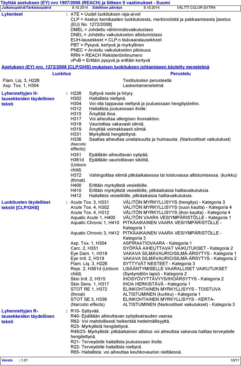 1272/2008] DMEL = Johdettu vähimmäisvaikutustaso DNEL = Johdettu vaikutukseton altistumistaso EUH-lausekkeet = CLPn lisävaaralausekkeet PBT = Pysyvä, kertyvä ja myrkyllinen PNEC = Arvioitu