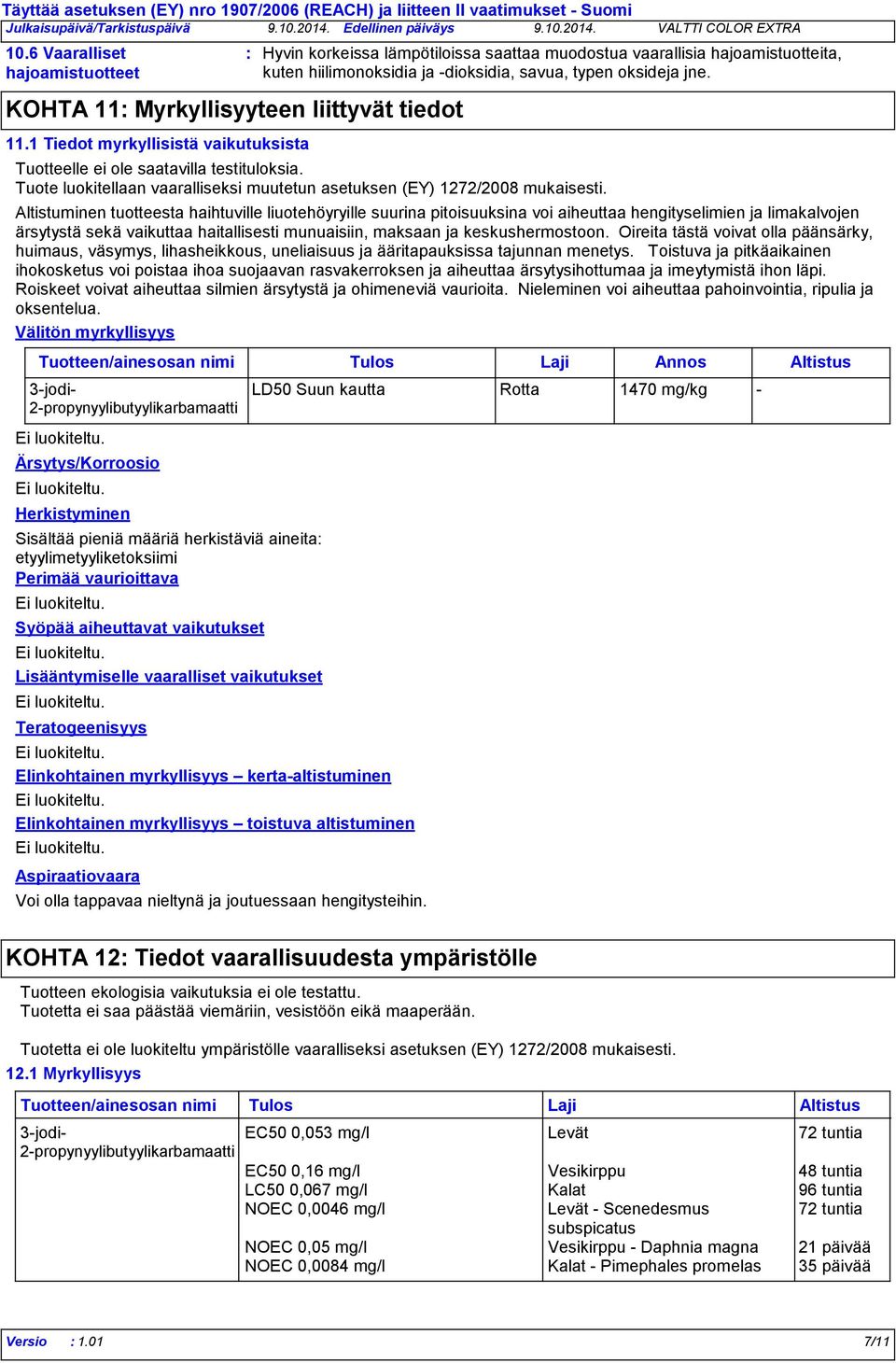 Tuotteelle ei ole saatavilla testituloksia. Tuote luokitellaan vaaralliseksi muutetun asetuksen (EY) 1272/2008 mukaisesti.