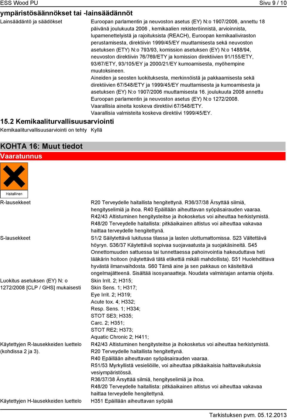 komission asetuksen (EY) N:o 1488/94, neuvoston direktiivin 76/769/ETY ja komission direktiivien 91/155/ETY, 93/67/ETY, 93/105/EY ja 2000/21/EY kumoamisesta, myöhempine muutoksineen.