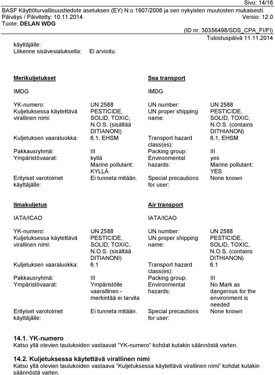 O.S. (contains DITHIANON) Kuljetuksen vaaraluokka: 6.1, EHSM Transport hazard 6.