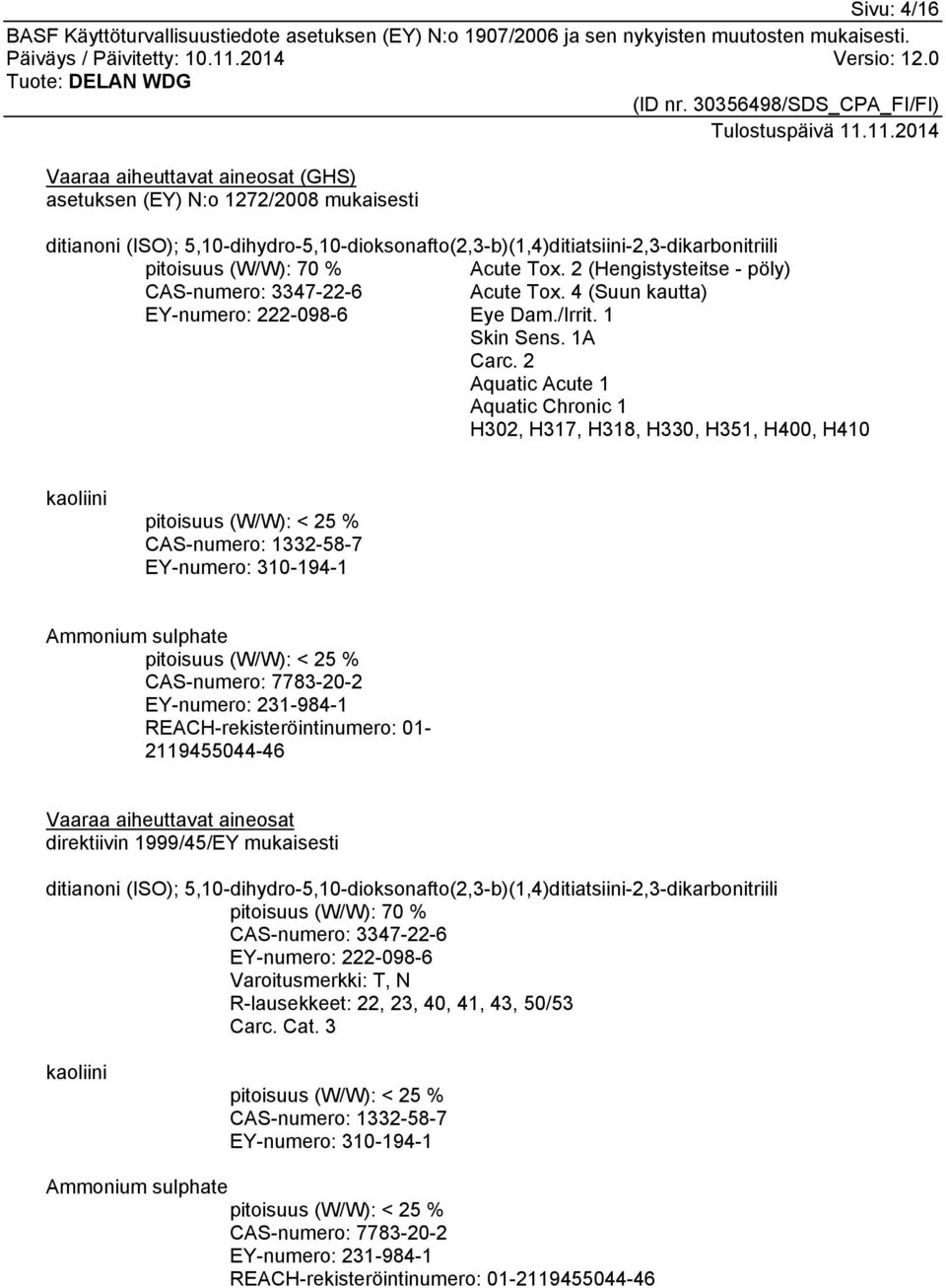 2 Aquatic Acute 1 Aquatic Chronic 1 H302, H317, H318, H330, H351, H400, H410 kaoliini pitoisuus (W/W): < 25 % CAS-numero: 1332-58-7 EY-numero: 310-194-1 Ammonium sulphate pitoisuus (W/W): < 25 %