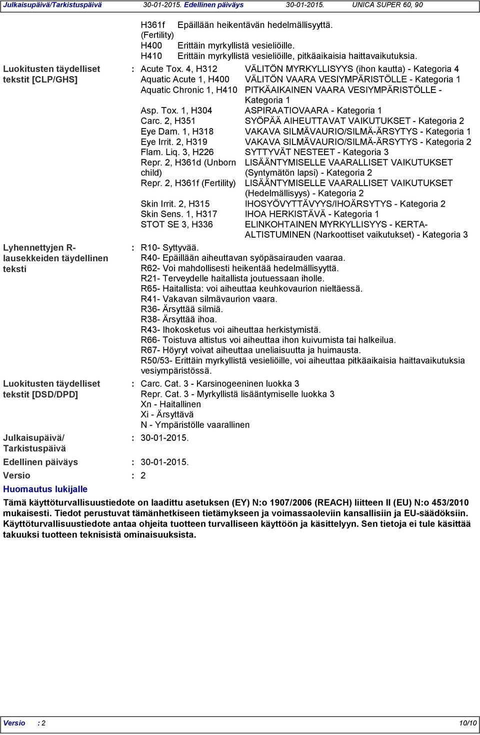 4, H312 VÄLITÖN MYRKYLLISYYS (ihon kautta) - Kategoria 4 Aquatic Acute 1, H400 VÄLITÖN VAARA VESIYMPÄRISTÖLLE - Kategoria 1 Aquatic Chronic 1, H410 PITKÄAIKAINEN VAARA VESIYMPÄRISTÖLLE - Kategoria 1