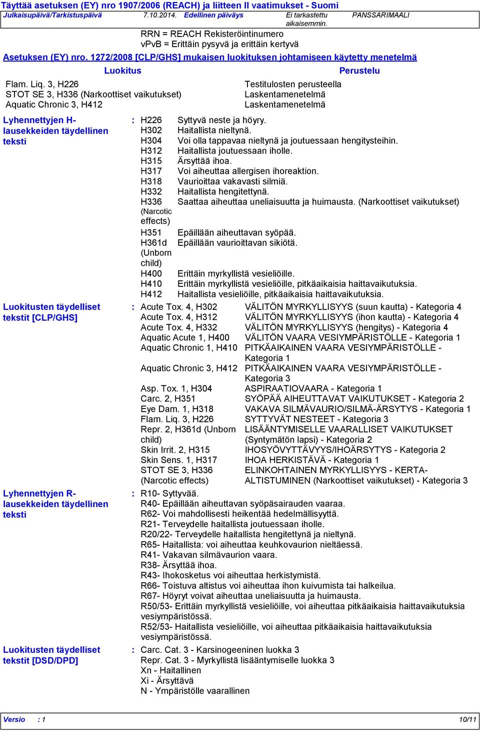 3, H226 STOT SE 3, H336 (Narkoottiset vaikutukset) Aquatic Chronic 3, H412 Luokitusten täydelliset tekstit [CLP/GHS] Testitulosten perusteella Laskentamenetelmä Laskentamenetelmä Perustelu H226