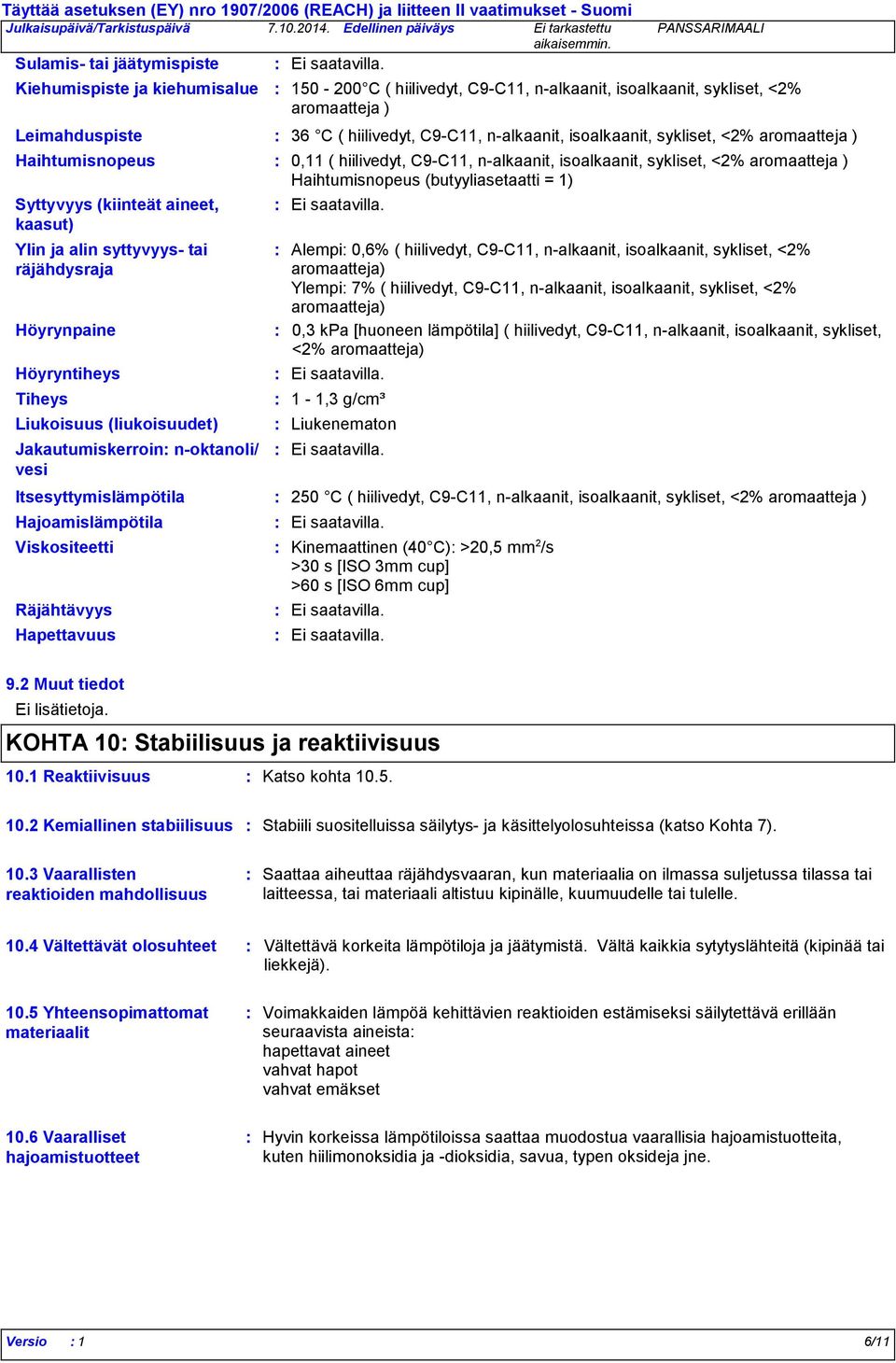 vesi Itsesyttymislämpötila Hajoamislämpötila 36 C ( hiilivedyt, C9-C11, n-alkaanit, isoalkaanit, sykliset, <2% aromaatteja ) Viskositeetti Kinemaattinen (40 C) >20,5 mm 2 /s >30 s [ISO 3mm cup] >60 s