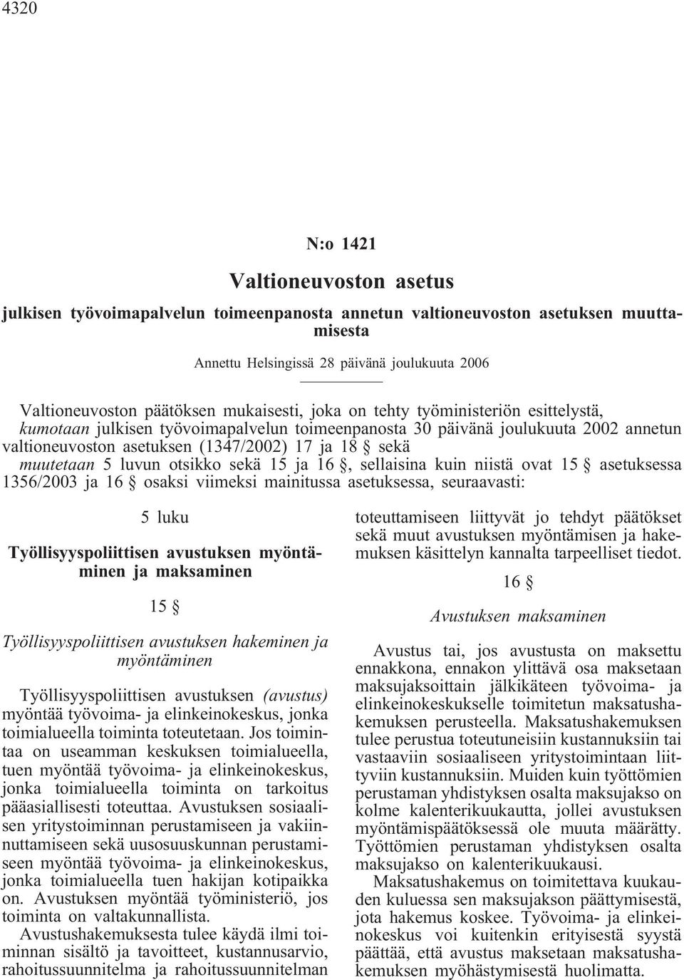 muutetaan 5 luvun otsikko sekä 15 ja 16, sellaisina kuin niistä ovat 15 asetuksessa 1356/2003 ja 16 osaksi viimeksi mainitussa asetuksessa, seuraavasti: 5 luku Työllisyyspoliittisen avustuksen