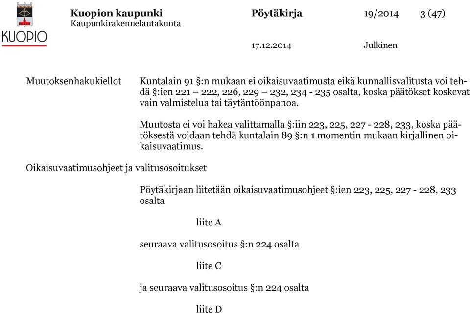 Oikaisuvaatimusohjeet ja valitusosoitukset Muutosta ei voi hakea valittamalla :iin 223, 225, 227-228, 233, koska päätöksestä voidaan tehdä kuntalain 89 :n 1