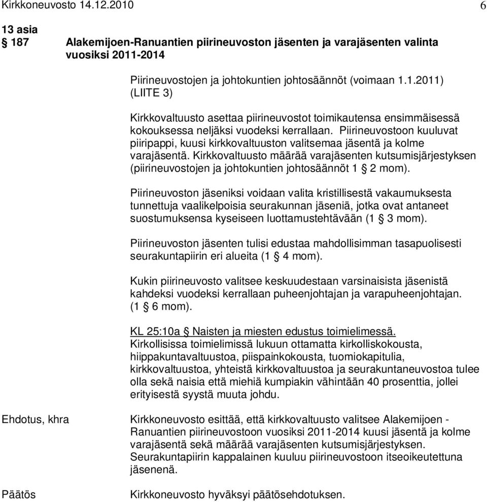 Kirkkovaltuusto määrää varajäsenten kutsumisjärjestyksen (piirineuvostojen ja johtokuntien johtosäännöt 1 2 mom).