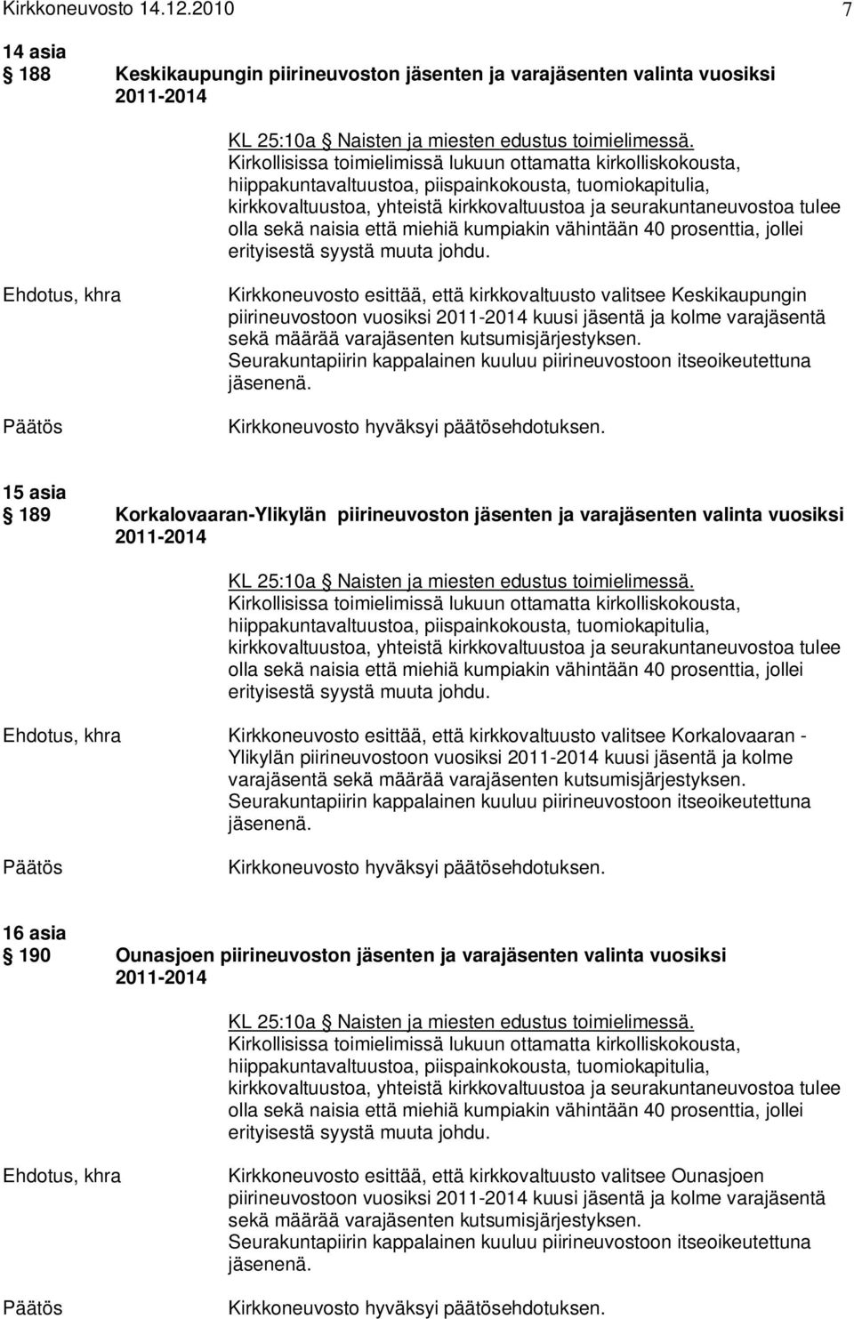 2011-2014 kuusi jäsentä ja kolme varajäsentä sekä määrää varajäsenten kutsumisjärjestyksen. Seurakuntapiirin kappalainen kuuluu piirineuvostoon itseoikeutettuna jäsenenä.