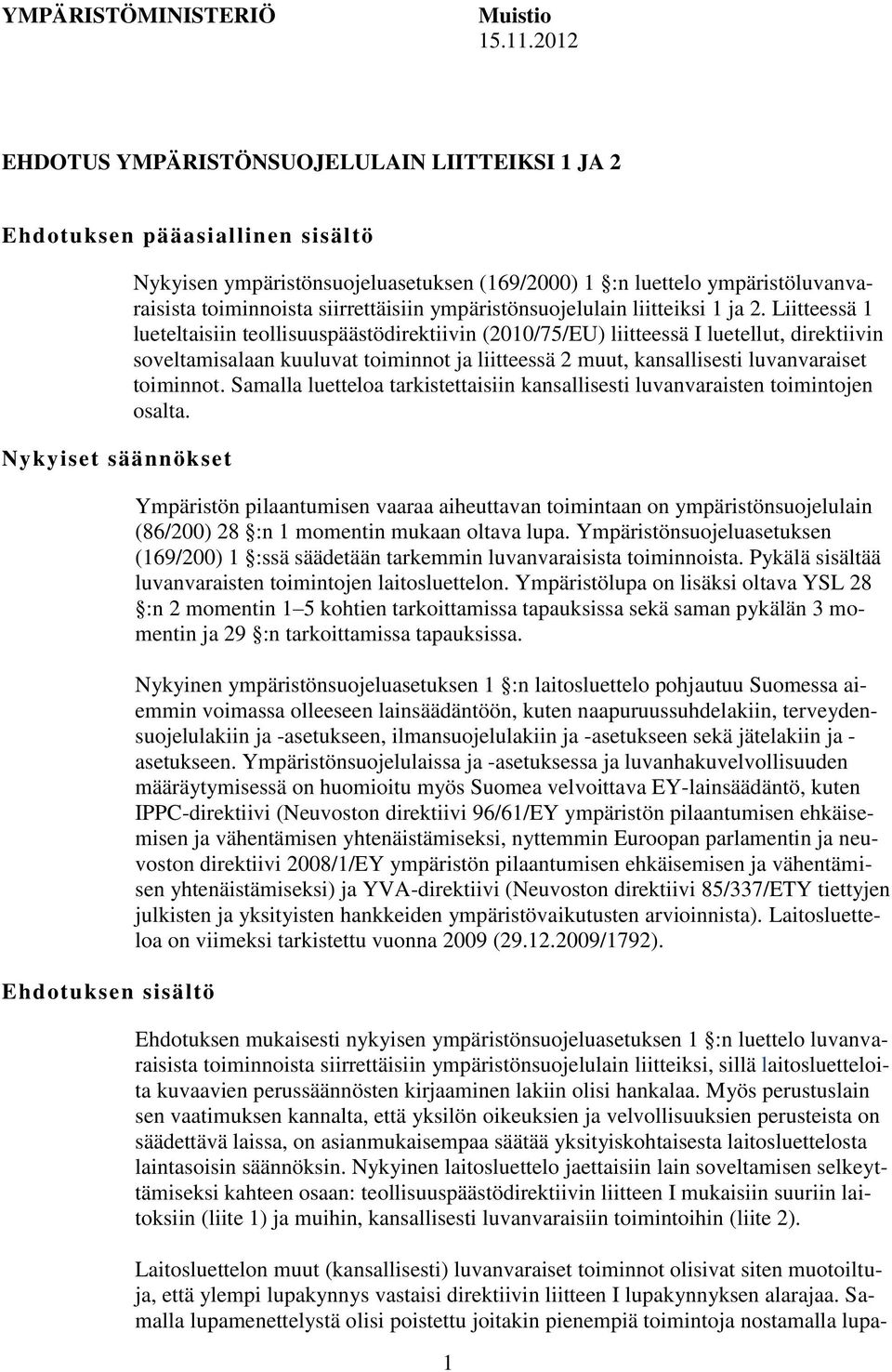 ympäristöluvanvaraisista toiminnoista siirrettäisiin ympäristönsuojelulain liitteiksi 1 ja 2.