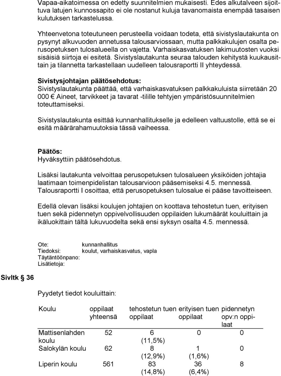 ta. Varhaiskasvatuksen lakimuutosten vuoksi si säi siä siirtoja ei esitetä.