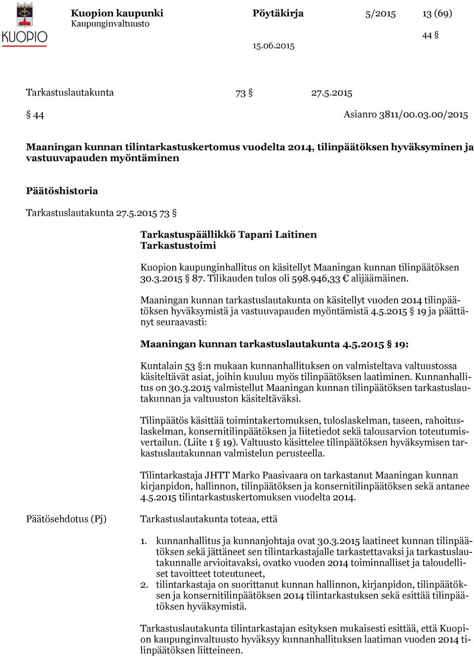 3.2015 87. Tilikauden tulos oli 598.946,33 alijäämäinen. Maaningan kunnan tarkastuslautakunta on käsitellyt vuoden 2014 tilinpäätöksen hyväksymistä ja vastuuvapauden myöntämistä 4.5.2015 19 ja päättänyt seuraavasti: Maaningan kunnan tarkastuslautakunta 4.