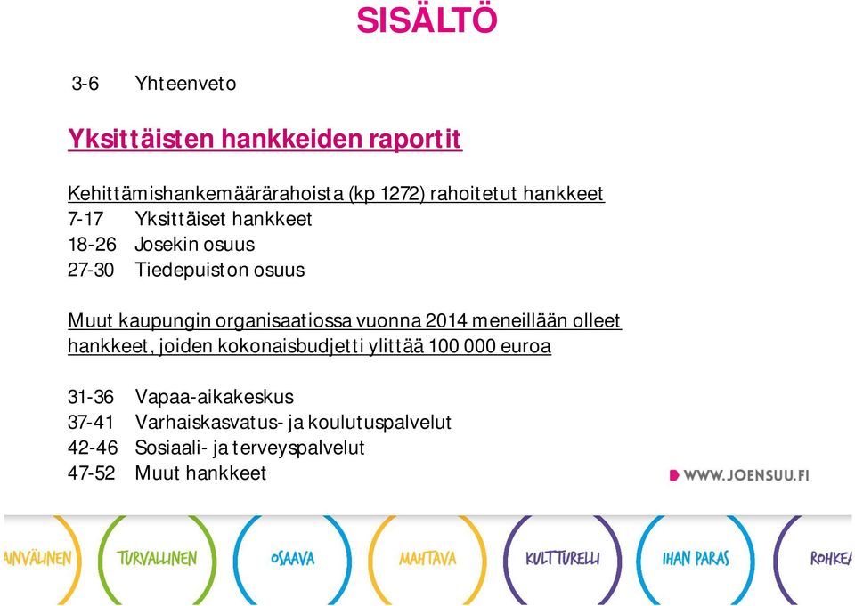 organisaatiossa vuonna 2014 meneillään olleet hankkeet, joiden kokonaisbudjetti ylittää 100 000 euroa