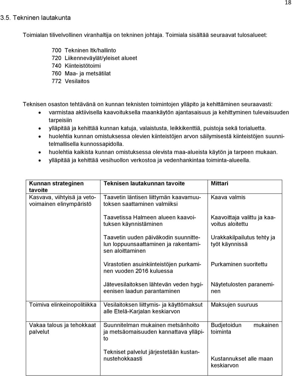 teknisten toimintojen ylläpito ja kehittäminen seuraavasti: varmistaa aktiivisella kaavoituksella maankäytön ajantasaisuus ja kehittyminen tulevaisuuden tarpeisiin ylläpitää ja kehittää kunnan