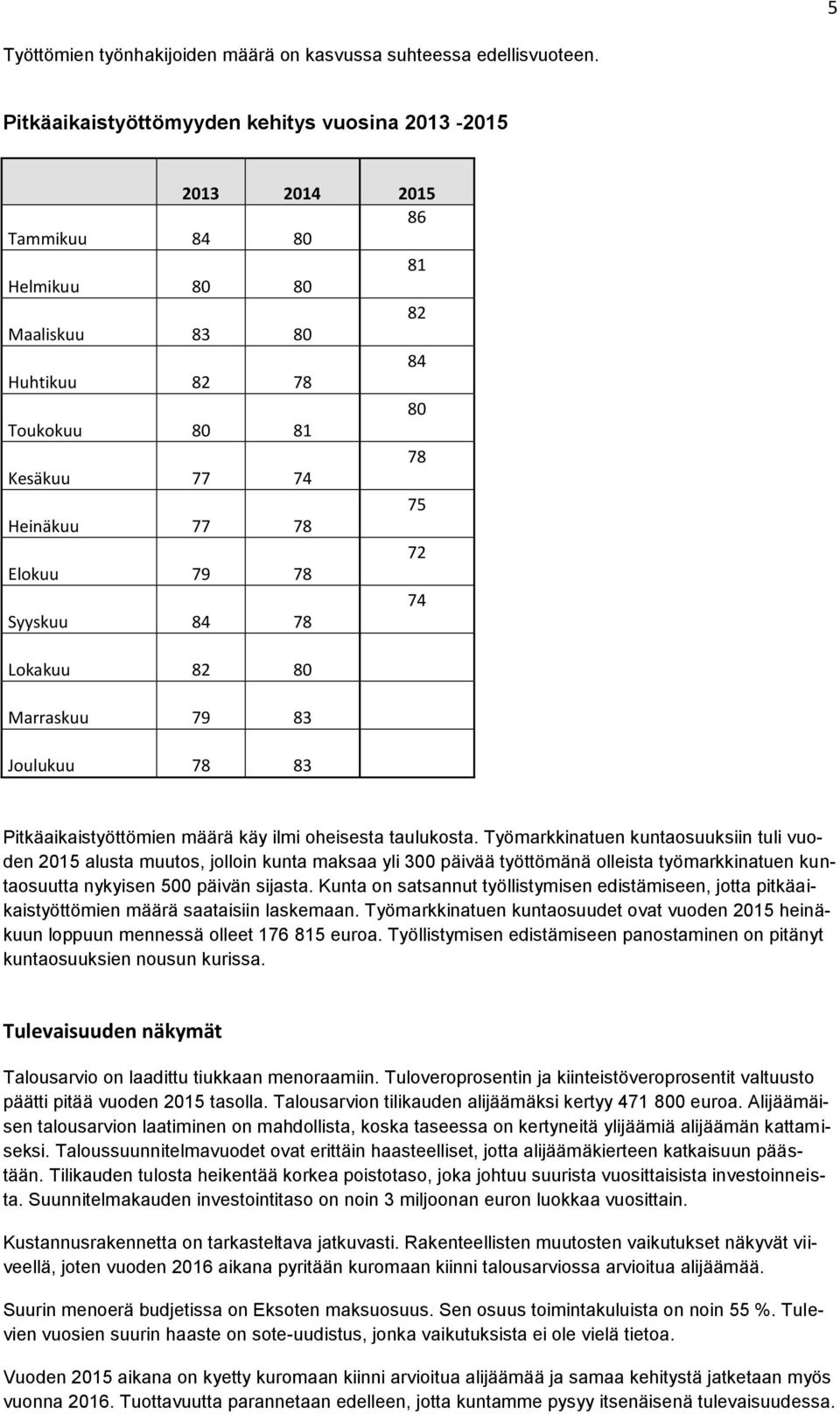 Elokuu 79 78 74 Syyskuu 84 78 Lokakuu 82 80 Marraskuu 79 83 Joulukuu 78 83 Pitkäaikaistyöttömien määrä käy ilmi oheisesta taulukosta.