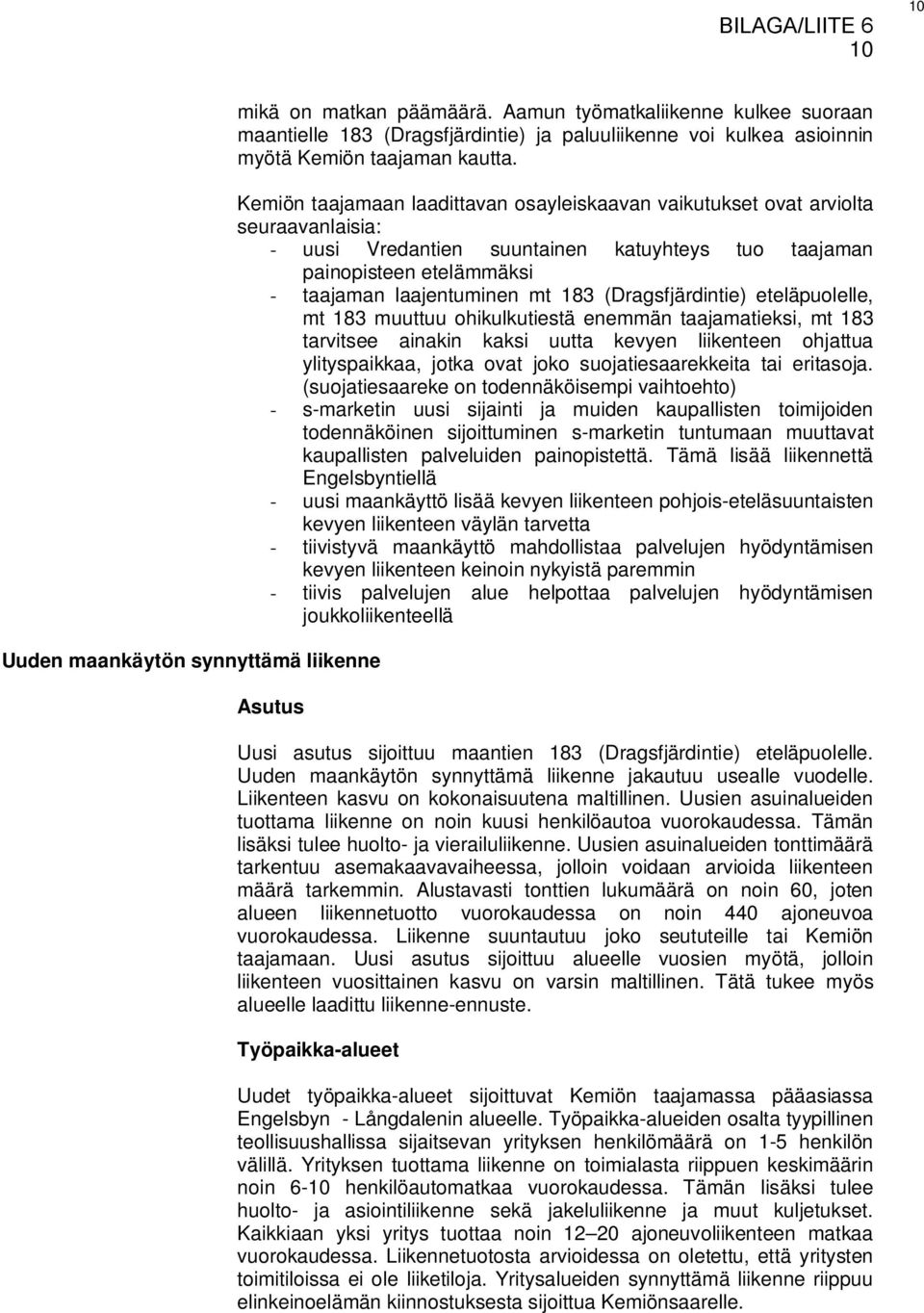 Kemiön taajamaan laadittavan osayleiskaavan vaikutukset ovat arviolta seuraavanlaisia: - uusi Vredantien suuntainen katuyhteys tuo taajaman painopisteen etelämmäksi - taajaman laajentuminen mt 183