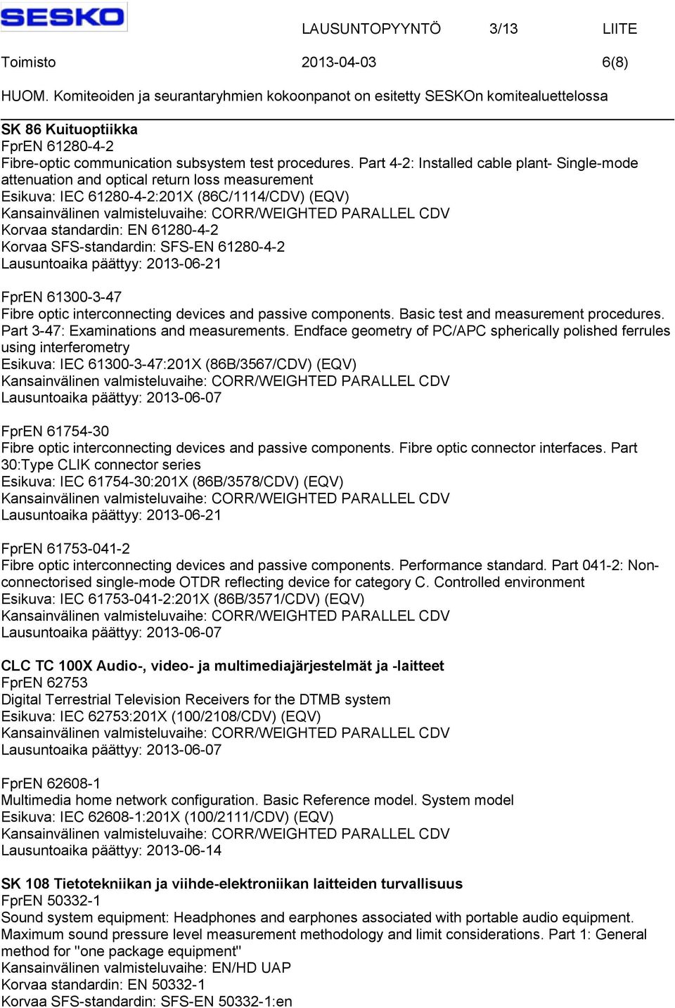 SFS-EN 61280-4-2 FprEN 61300-3-47 Fibre optic interconnecting devices and passive components. Basic test and measurement procedures. Part 3-47: Examinations and measurements.