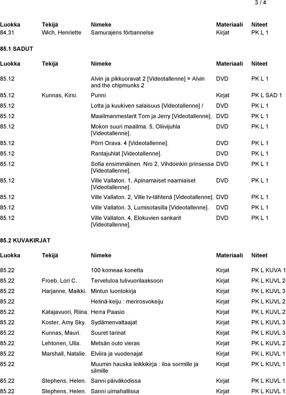 85.12 Rantajuhlat [Videotallenne]. 85.12 Sofia ensimmäinen. Nro 2, Vihdoinkin prinsessa [Videotallenne]. 85.12 Ville Vallaton. 1, Apinamaiset naamiaiset [Videotallenne]. 85.12 Ville Vallaton. 2, Ville tv-tähtenä [Videotallenne].