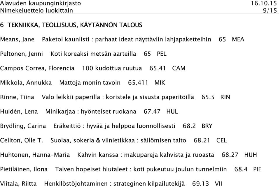 411 MIK Rinne, Tiina Huldén, Lena Valo leikkii paperilla : koristele ja sisusta paperitöillä 65.5 RIN Minikarjaa : hyönteiset ruokana 67.47 HUL Brydling, Carina Cellton, Olle T.