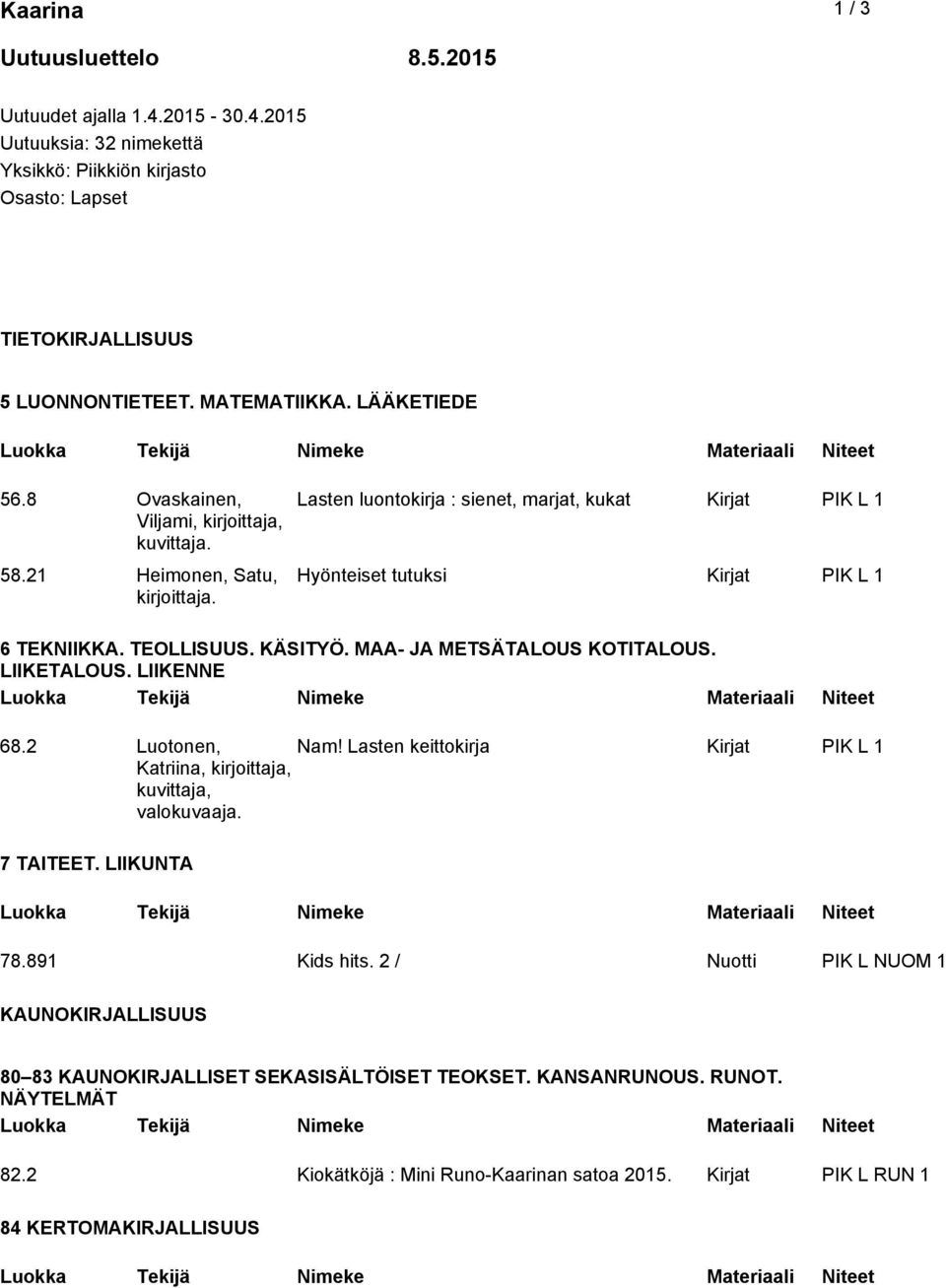 KÄSITYÖ. MAA- JA METSÄTALOUS KOTITALOUS. LIIKETALOUS. LIIKENNE 68.2 Luotonen, Katriina, kirjoittaja, kuvittaja, valokuvaaja. Nam! Lasten keittokirja Kirjat PIK L 1 7 TAITEET. LIIKUNTA 78.