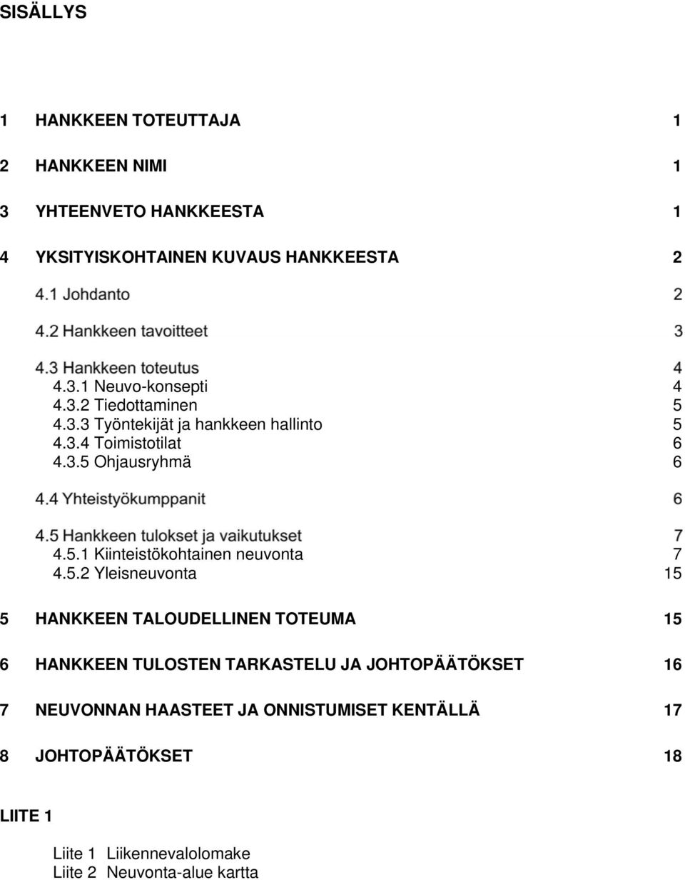 5.2 Yleisneuvonta 15 5 HANKKEEN TALOUDELLINEN TOTEUMA 15 6 HANKKEEN TULOSTEN TARKASTELU JA JOHTOPÄÄTÖKSET 16 7 NEUVONNAN HAASTEET