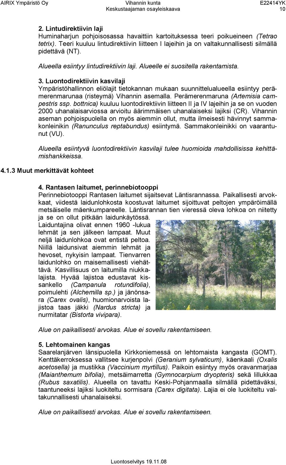 Luontodirektiivin kasvilaji Ympäristöhallinnon eliölajit tietokannan mukaan suunnittelualueella esiintyy perämerenmarunaa (risteymä) Vihannin asemalla. Perämerenmaruna (Artemisia campestris ssp.