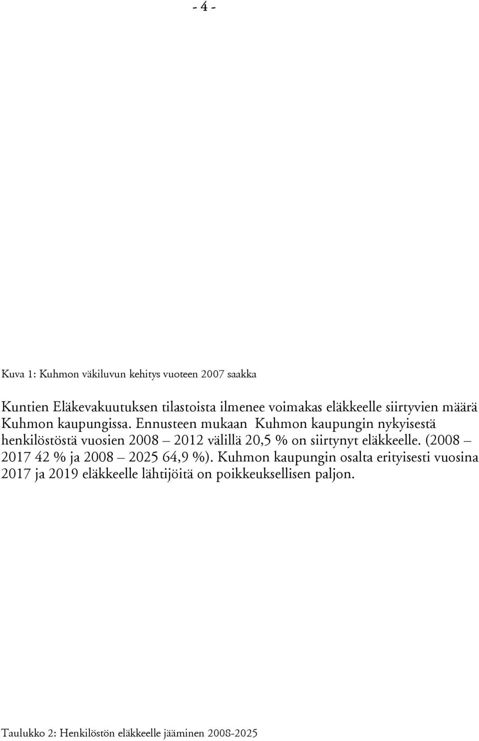 Ennusteen mukaan Kuhmon kaupungin nykyisestä henkilöstöstä vuosien 2008 2012 välillä 20,5 % on siirtynyt eläkkeelle.