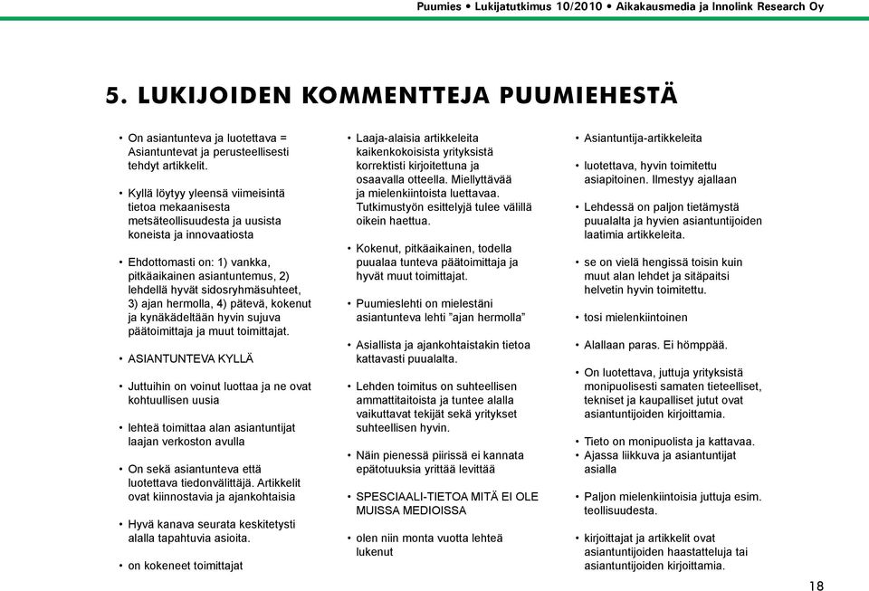 sidosryhmäsuhteet, 3) ajan hermolla, 4) pätevä, kokenut ja kynäkädeltään hyvin sujuva päätoimittaja ja muut toimittajat.