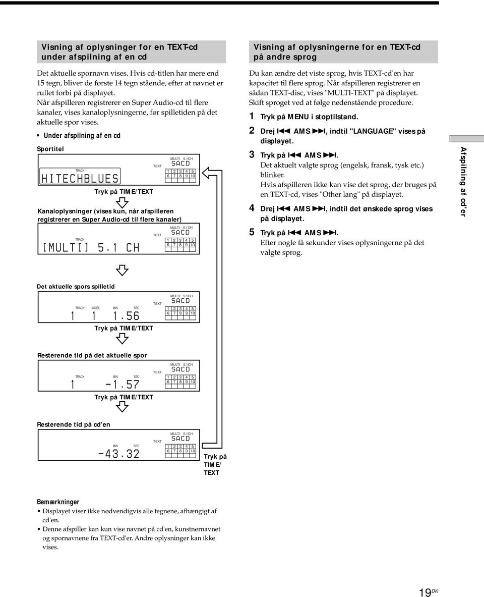 Når afspilleren registrerer en Super Audio-cd til flere kanaler, vises kanaloplysningerne, før spilletiden på det aktuelle spor vises. Under afspilning af en cd Sportitel MULTI 5.
