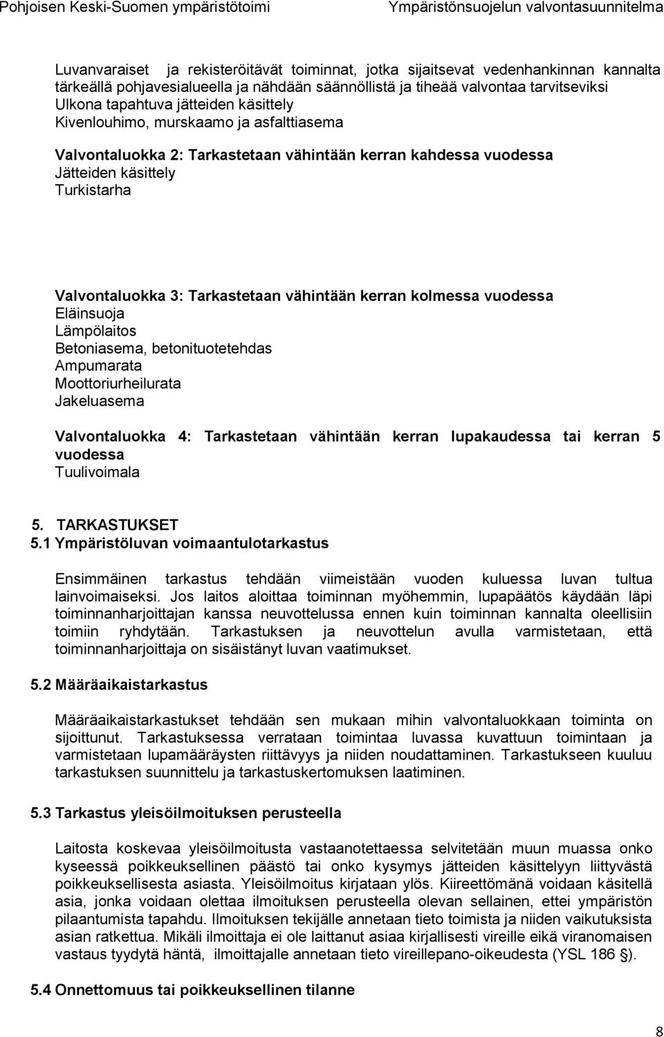 kolmessa vuodessa Eläinsuoja Lämpölaitos Betoniasema, betonituotetehdas Ampumarata Moottoriurheilurata Jakeluasema Valvontaluokka 4: Tarkastetaan vähintään kerran lupakaudessa tai kerran 5 vuodessa