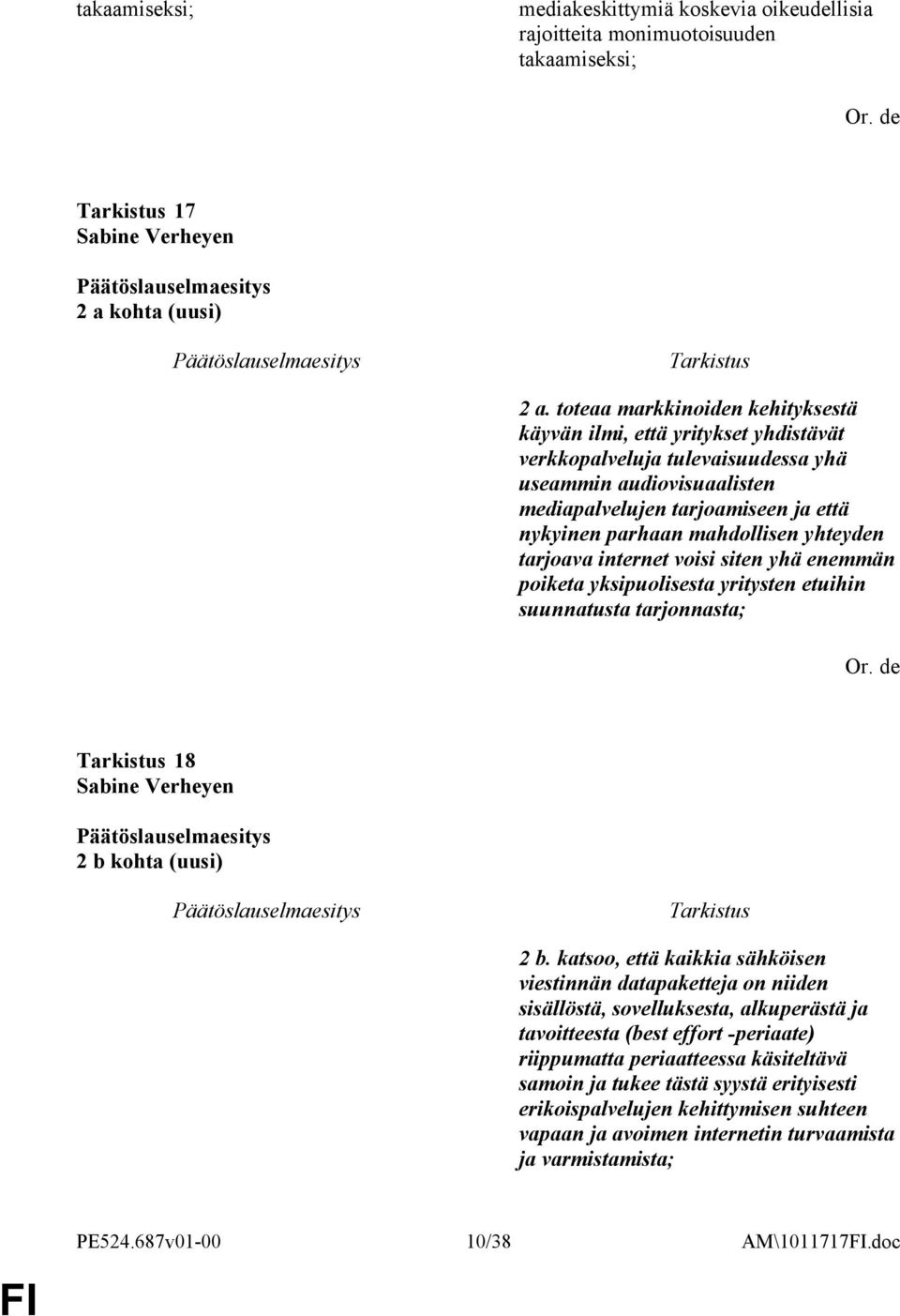 mahdollisen yhteyden tarjoava internet voisi siten yhä enemmän poiketa yksipuolisesta yritysten etuihin suunnatusta tarjonnasta; 18 Sabine Verheyen 2 b kohta (uusi) 2 b.