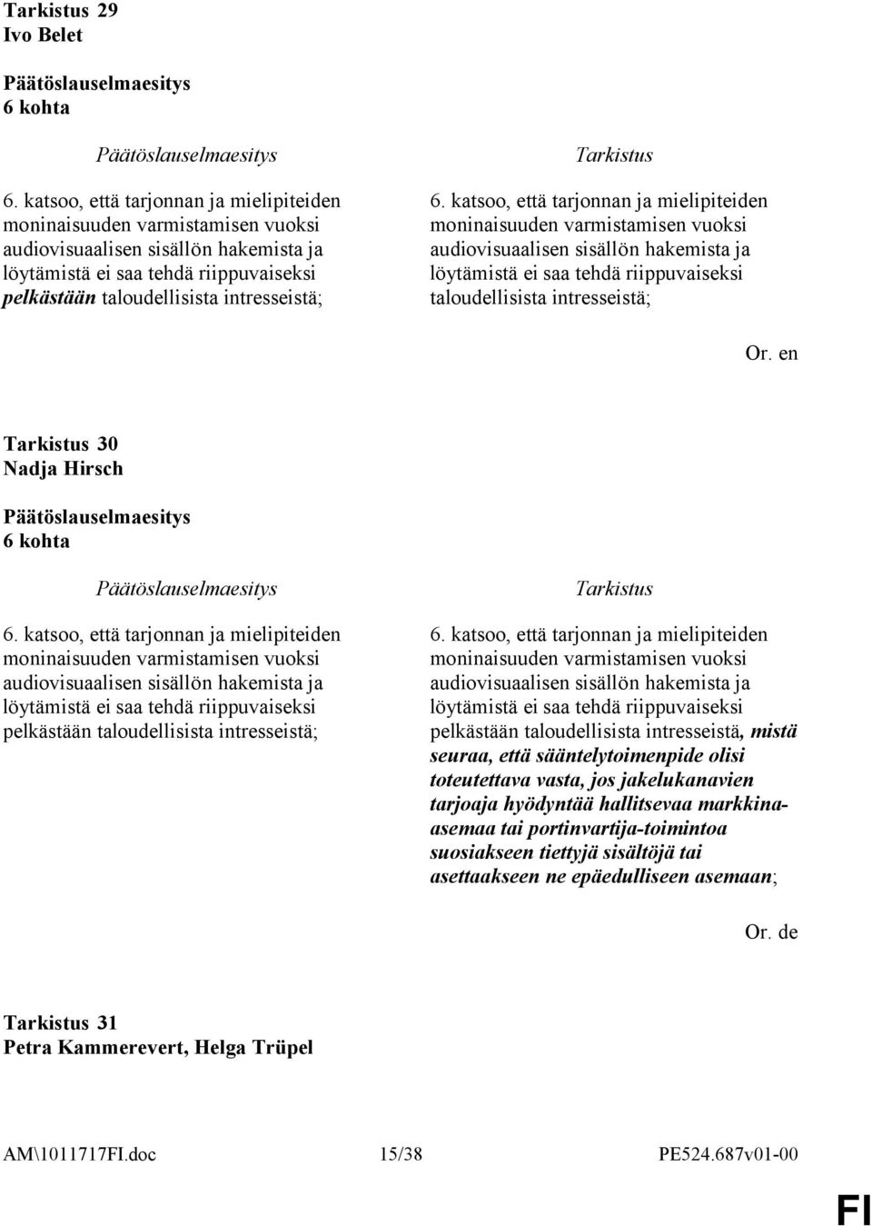 katsoo, että tarjonnan ja mielipiteiden moninaisuuden varmistamisen vuoksi audiovisuaalisen sisällön hakemista ja löytämistä ei saa tehdä riippuvaiseksi taloudellisista intresseistä; 30 Nadja Hirsch