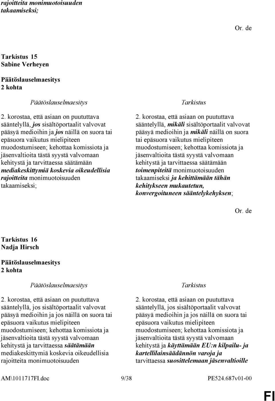 jäsenvaltioita tästä syystä valvomaan kehitystä ja tarvittaessa säätämään mediakeskittymiä koskevia oikeudellisia rajoitteita monimuotoisuuden takaamiseksi; 2.
