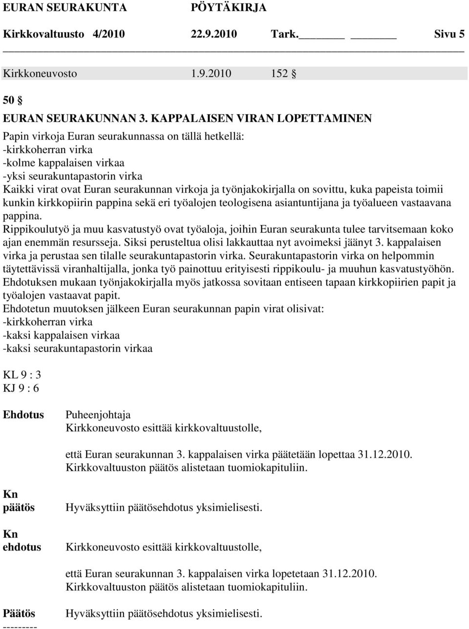 virkoja ja työnjakokirjalla on sovittu, kuka papeista toimii kunkin kirkkopiirin pappina sekä eri työalojen teologisena asiantuntijana ja työalueen vastaavana pappina.