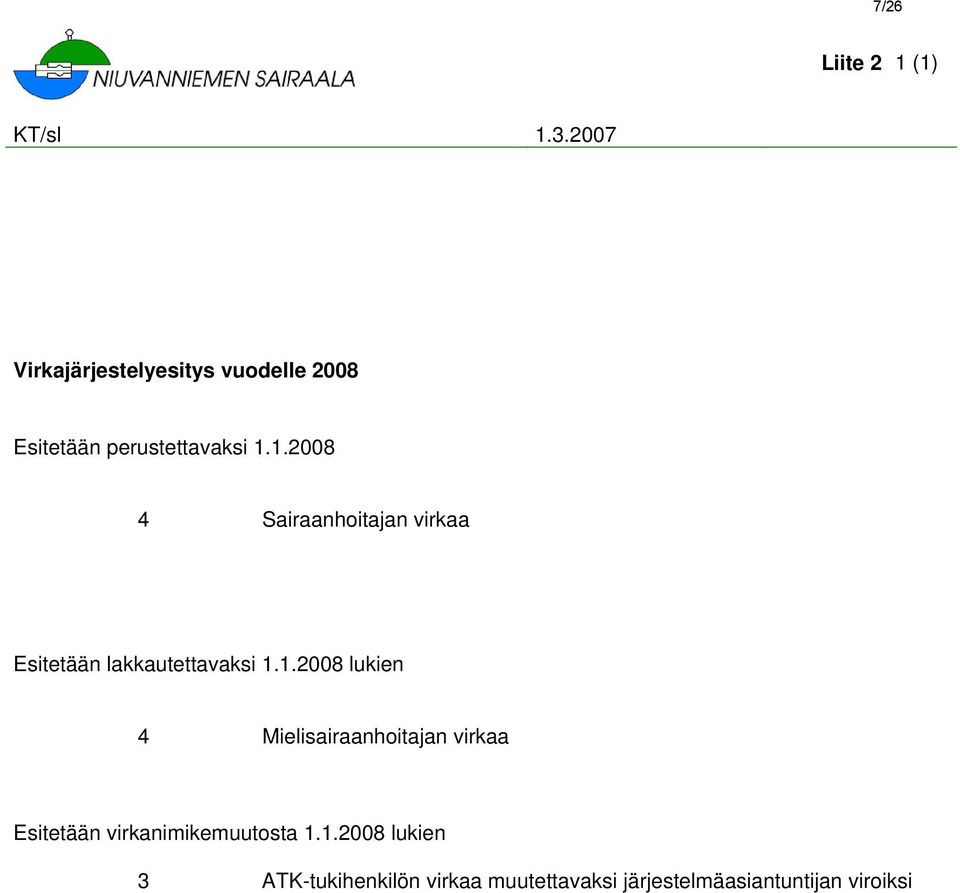 1.2008 4 Sairaanhoitajan virkaa Esitetään lakkautettavaksi 1.1.2008 lukien 4 Mielisairaanhoitajan virkaa Esitetään virkanimikemuutosta 1.