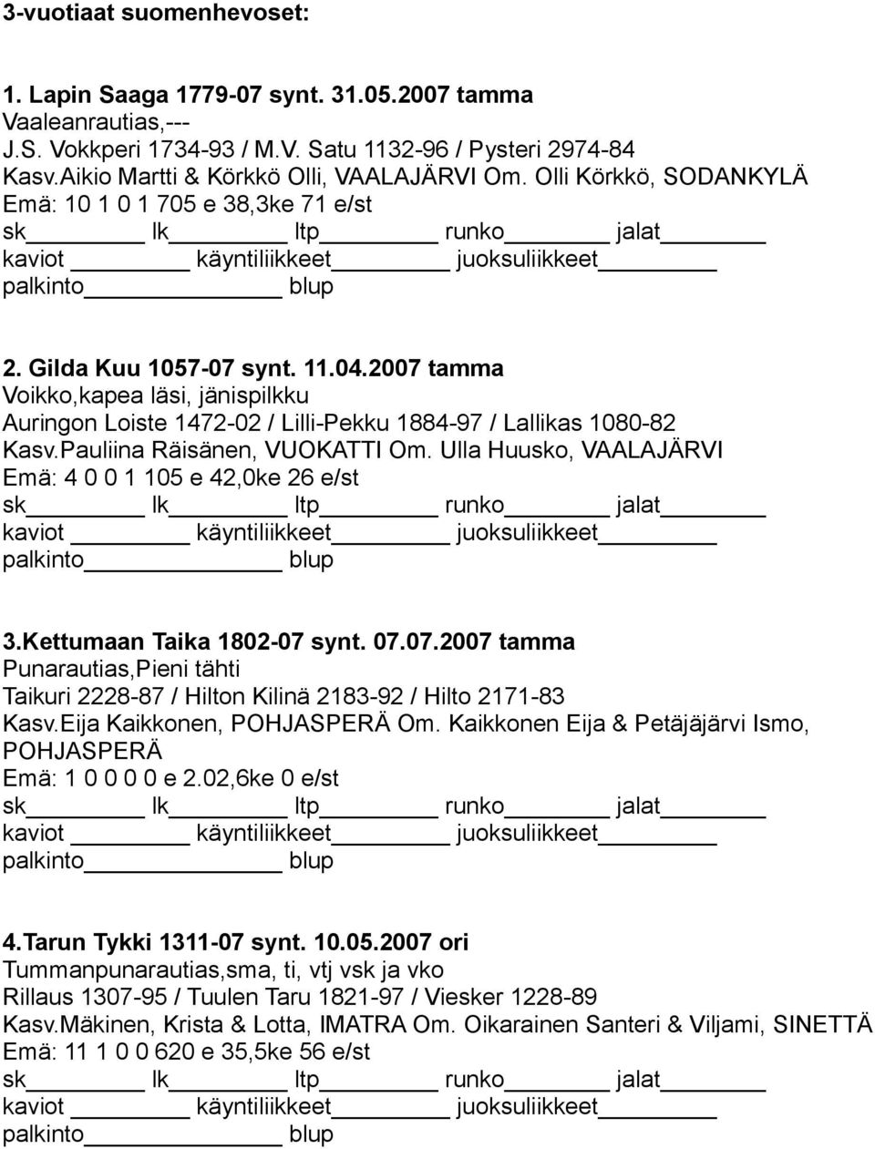 2007 tamma Voikko,kapea läsi, jänispilkku Auringon Loiste 1472-02 / Lilli-Pekku 1884-97 / Lallikas 1080-82 Kasv.Pauliina Räisänen, VUOKATTI Om.