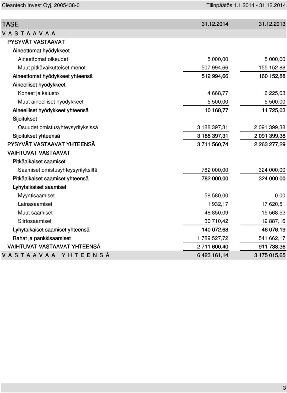 2013 VASTAAVAA PYSYVÄT VASTAAVAT Aineettomat hyödykkeet Aineettomat oikeudet 5 000,00 5 000,00 Muut pitkävaikutteiset menot 507 994,66 155 152,88 Aineettomat hyödykkeet yhteensä 512 994,66 160 152,88