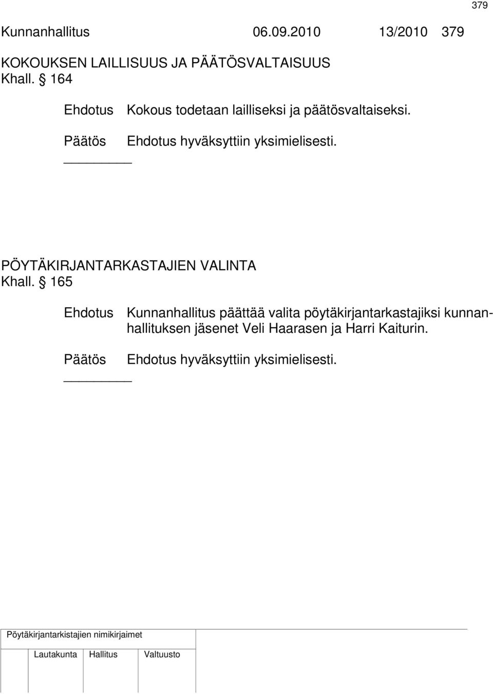 Päätös Ehdotus hyväksyttiin yksimielisesti. PÖYTÄKIRJANTARKASTAJIEN VALINTA Khall.